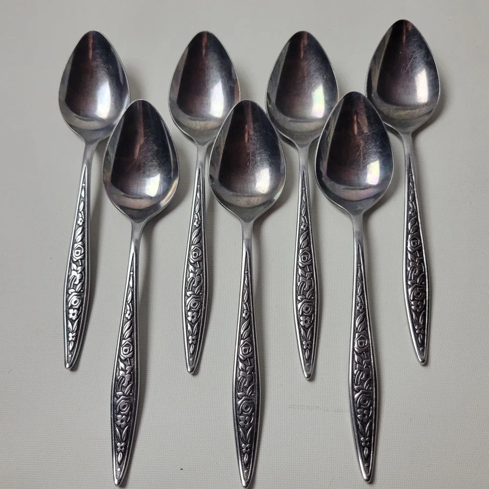 Vtg Ekco Eterna Santiago Stainless Place Soup Spoons Set of 7 Floral Rose Japan
